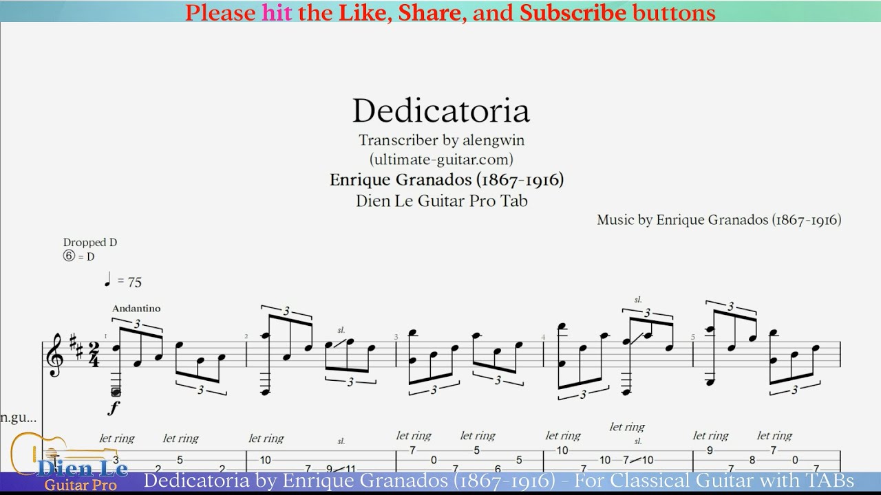 Dedicatoria by Enrique Granados (1867-1916) - For Classical Guitar with TABs