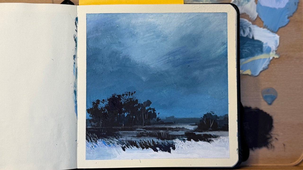 Moody Blue Sky Landscape | Gouache Painting Process