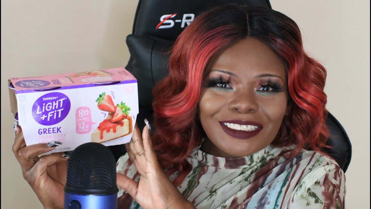 LIGHT+FIT GREEK Strawberry CHEESE CAKE Yogurt ASMR EATING SOUNDS