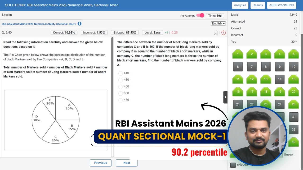 RBI Assistant Mains 2026 - Quant Sectional Mock 1 | How I Got 90 Percentile With 100% Accuracy