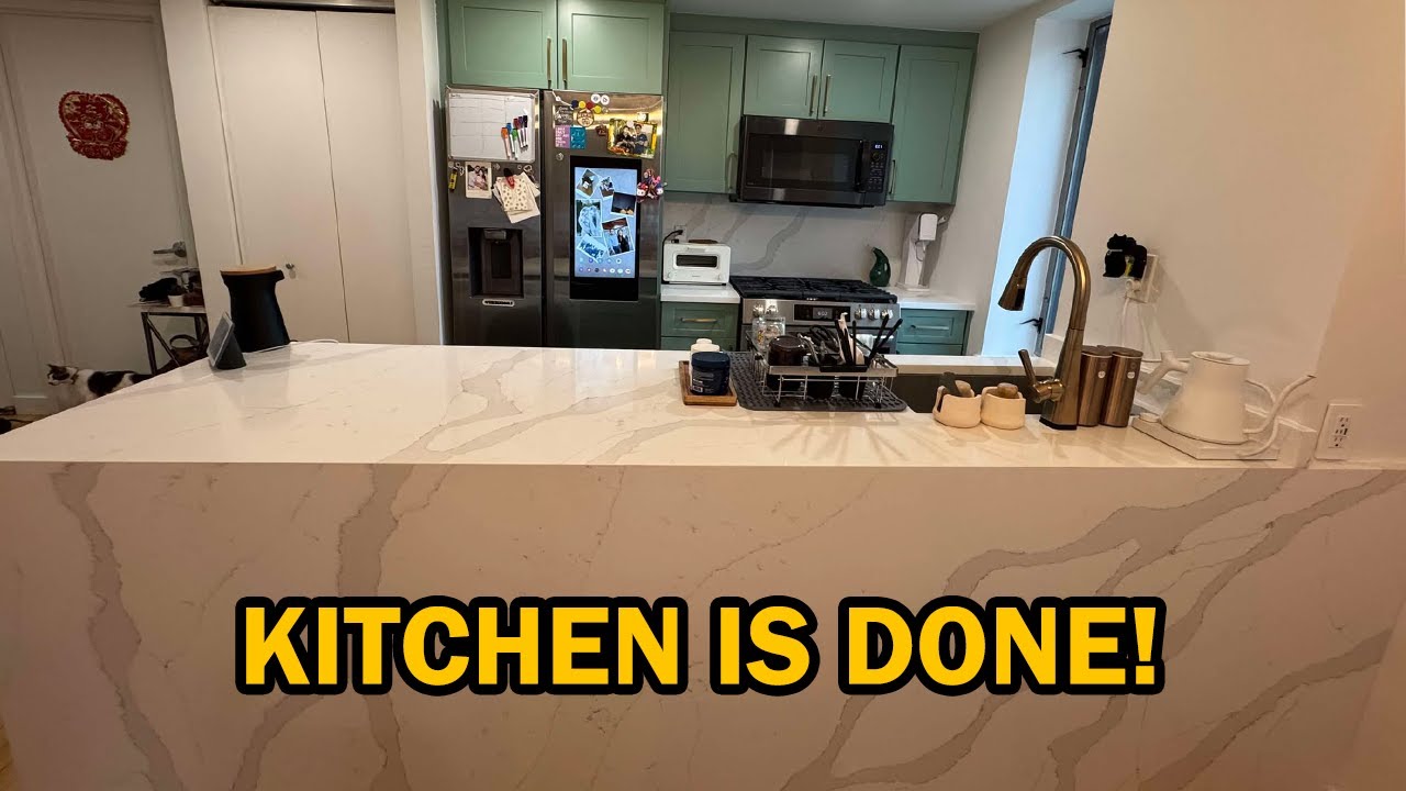 SMALL NYC KITCHEN  RENOVATION: The Kitchen is Done! (Waterfall Countertops, Backsplash, Laundry)