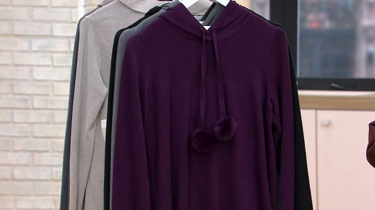 Belle by Kim Gravel Hooded Sweater with Faux Fur Pom Poms on QVC