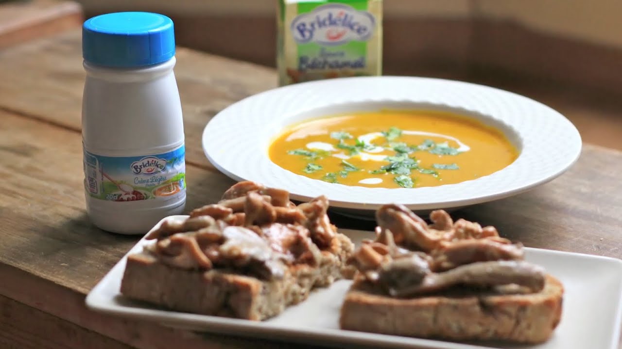 Recette : Velouté de potimarron et tartines crémeuses aux champignons