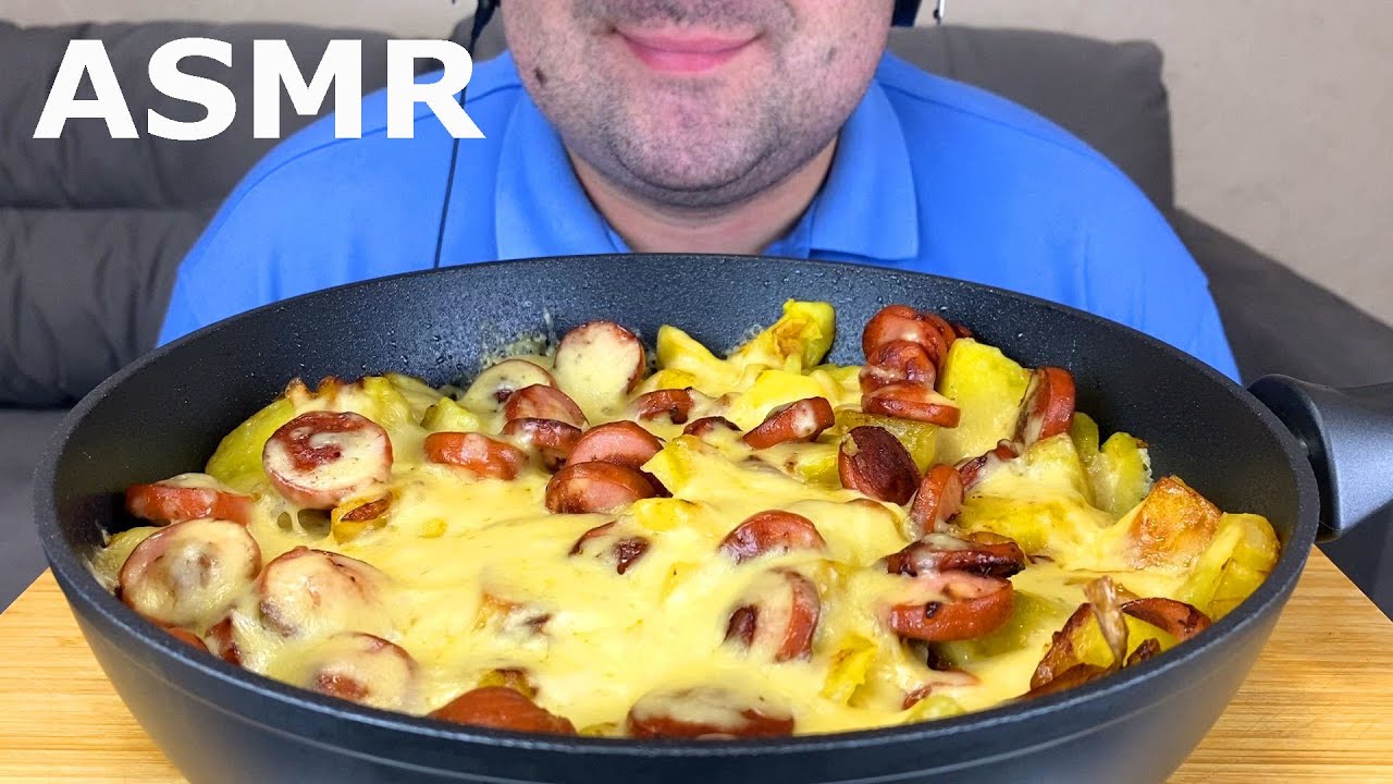 АСМР Жареная картошка с сосисками, сыром и луком Мукбанг (Итинг) Рецепт