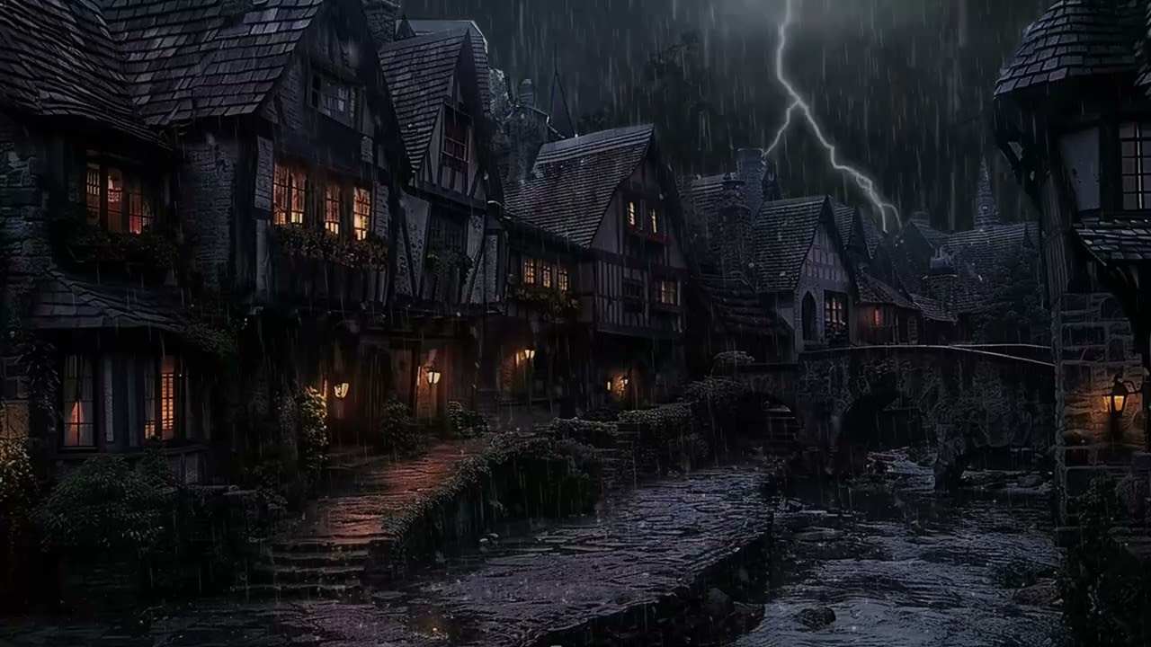 Stormy Night in a Medieval Village | Rain & Thunder Ambience in a Dark Fantasy Town