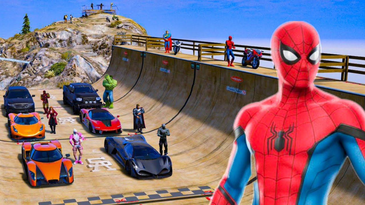 SPIDERMAN Bugatti vs Ferrari vs Mercedes | Mega Ramp Challenge | Hulk Iron Man Goku Racing GTA 5