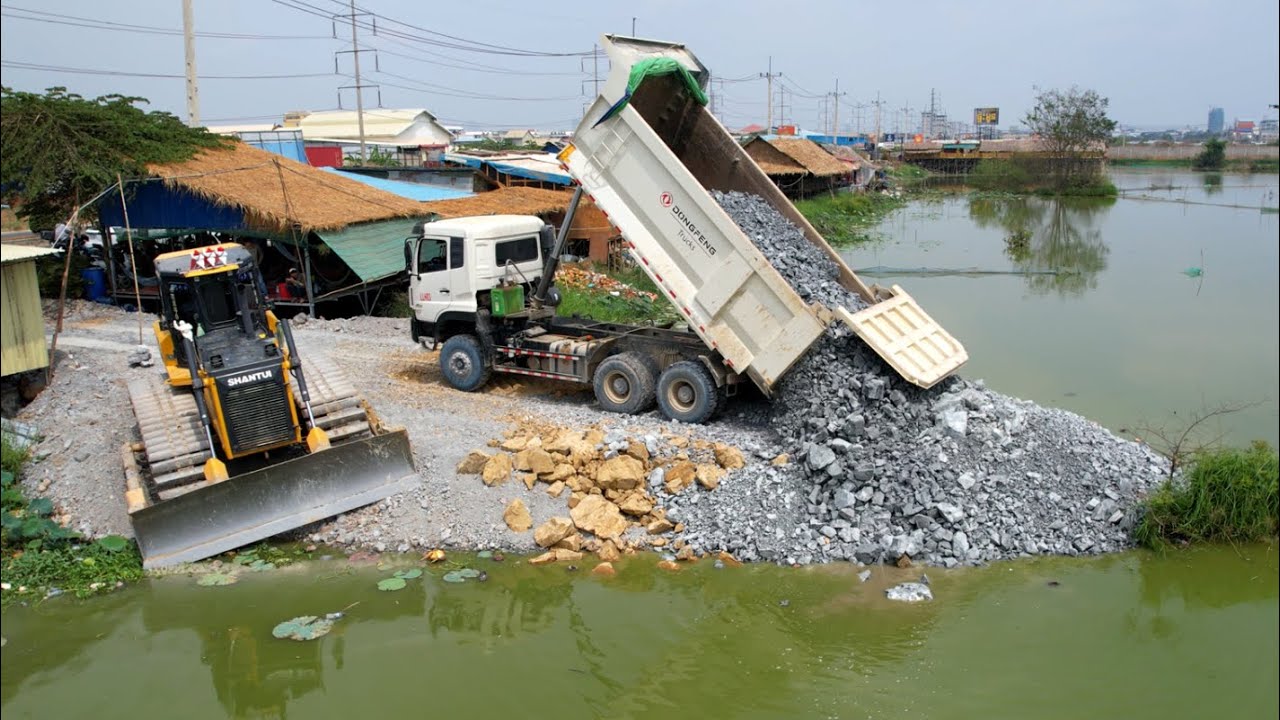EP02. Landfilling flooded areas using Bulldozer SHANTUl DH17C3Pro pushing stone dump truck wheel 10 