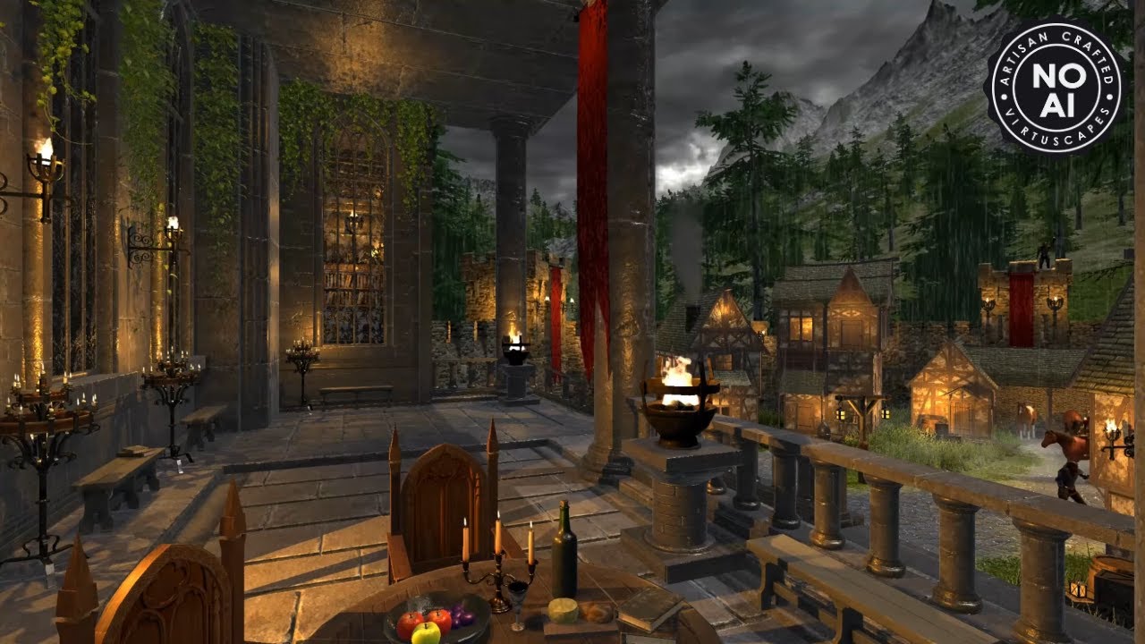 Medieval Castle Courtyard | Night Ambience | Fire Brazier, Rain & Thunderstorm Sounds