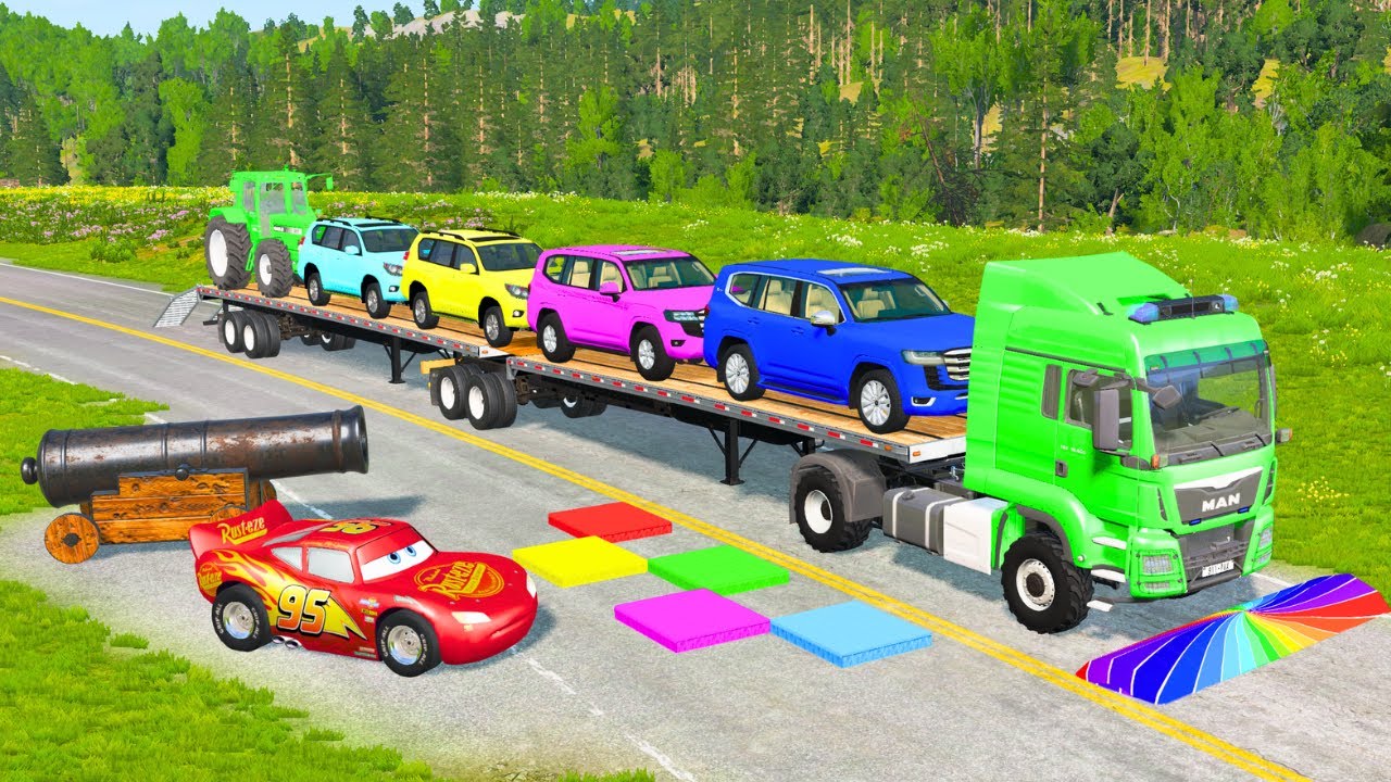 Flatbed Truck Mcqueen | Transportation with Truck - Pothole vs Car #58 - BeamNG.Drive