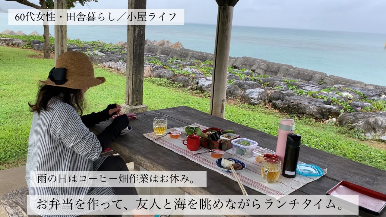 [60代女性•田舎暮らし/小屋ライフ]  お弁当持参で友人と海を眺めながらランチタイム。