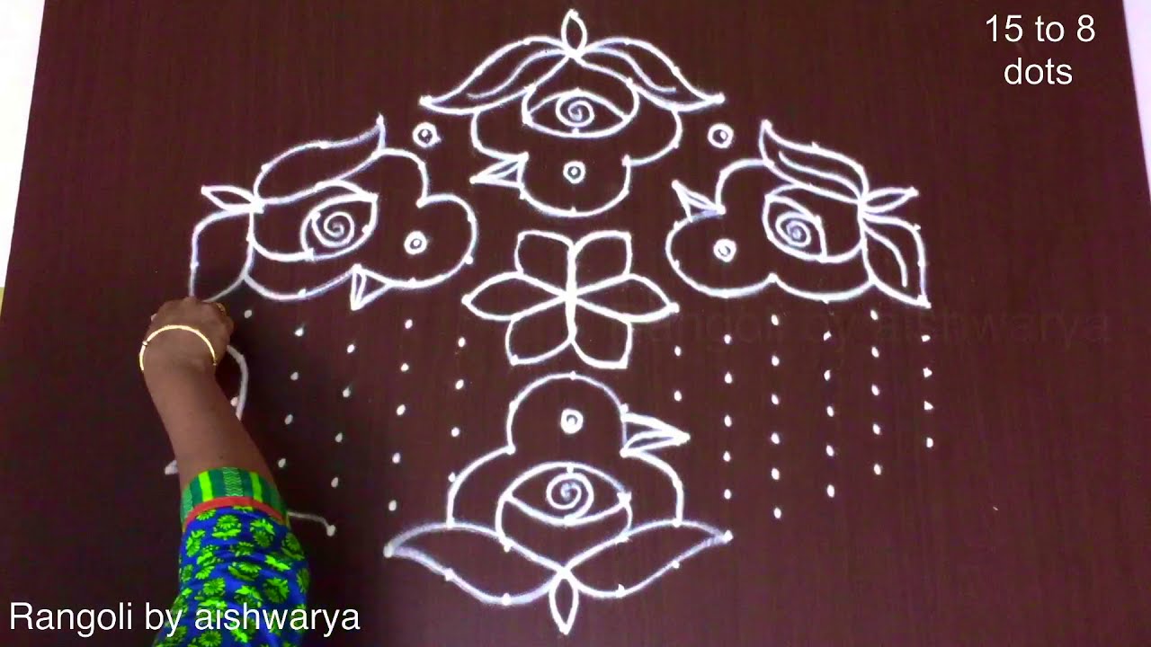 Creative Rangoli Designs With 15 Into 8 Beautiful | Navarathri Birds Kolam Dusshera Muggulu