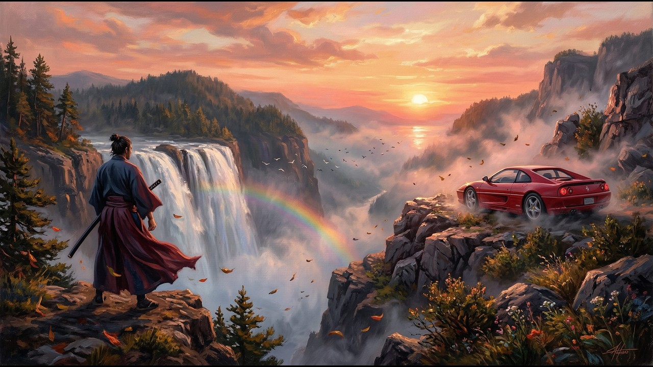 Ferrari F355 Scenic Waterfall Cliff View 4K Cinematic Landscape 4K Ultra HD Wallpaper