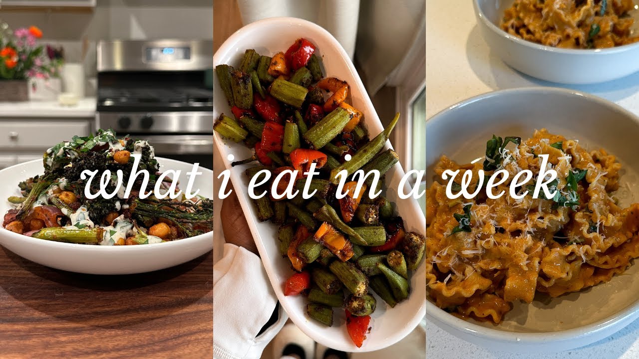 what i eat in a week plant-based/vegan | Red Pepper Pasta, Fried Okra, Sheet Pan Meal, Lavender Milk
