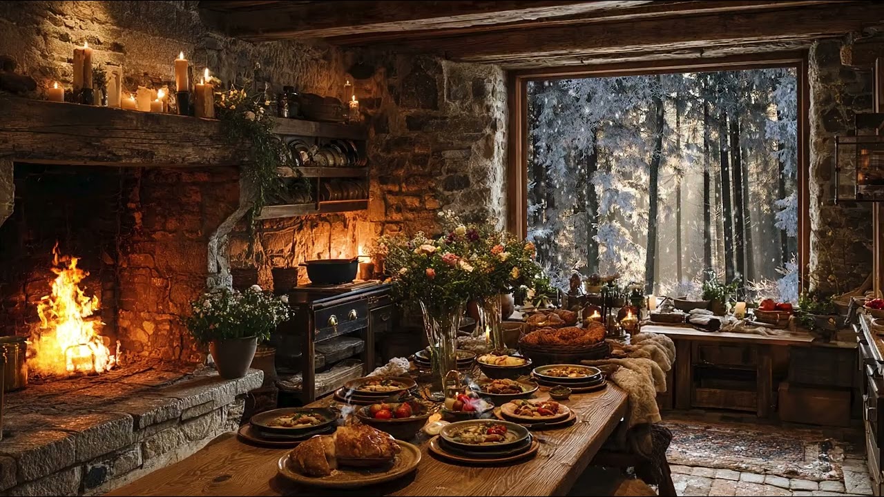 Cozy Winter Kitchen Ambience 🍲❄️ Piano & Cello by the Fireplace for Deep Sleep & Relaxation