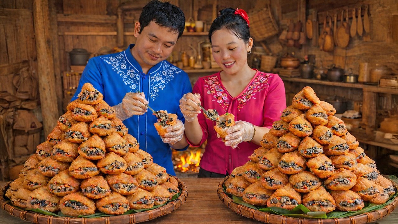 Traditional Meat-Filled Fried Donuts – The Process of Making Them for Sale at the Market