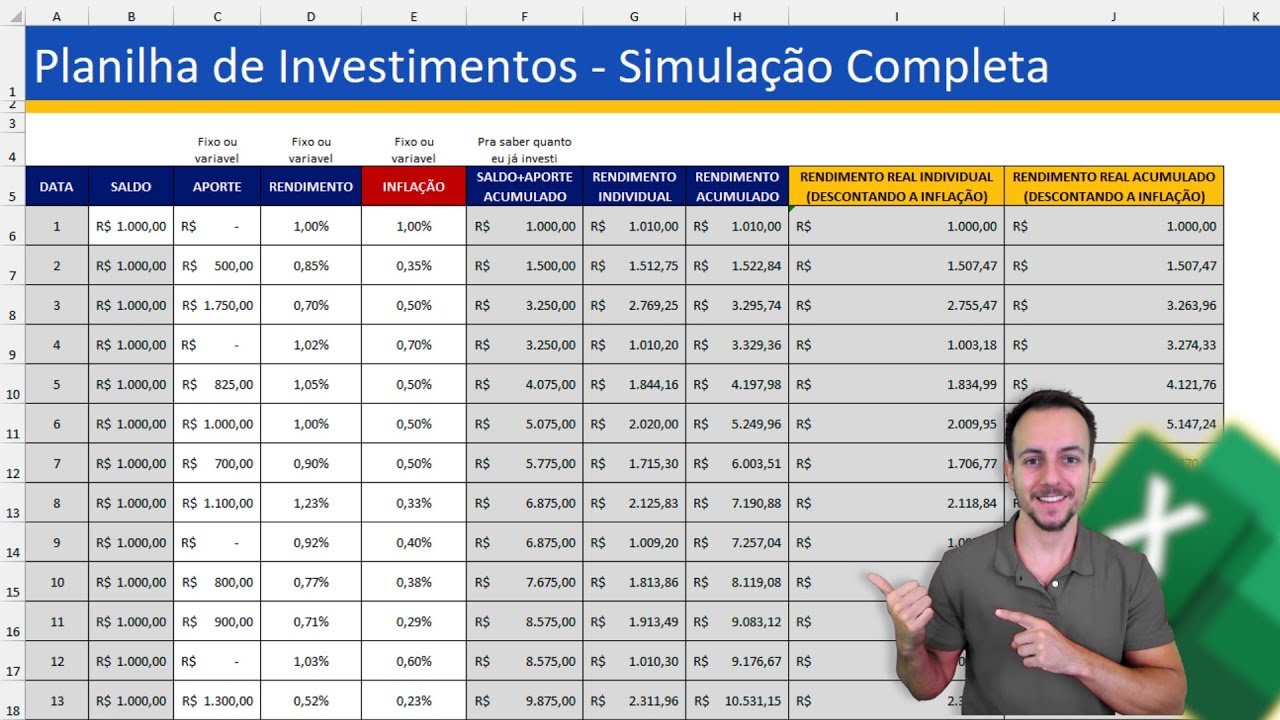 Como Fazer Planilha de Investimento no Excel com: Aporte, Inflação, Taxa, Acumulado etc