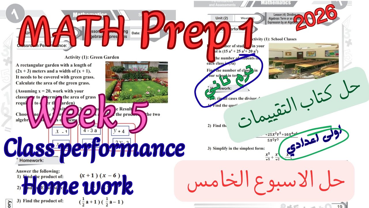 حل الاسبوع الخامس ماث اولى اعدادي ترم تاني2026|class performance Home work week 5 math prep1 grade 7