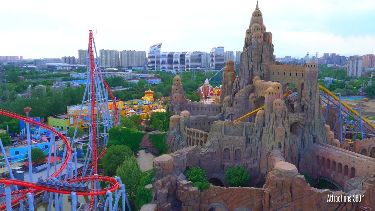[4K]  Happy Valley Beijing Theme Park from High Above  - Flying Island Observation Ride