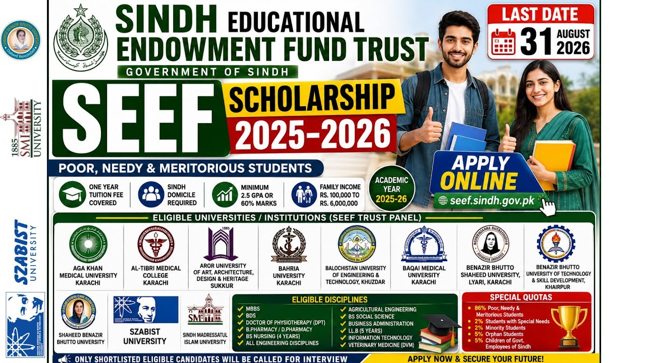 SEEF Scholarship 2025-26 | Sindh Endowment Fund Scholarship | Eligible Universities, Eligibility 
