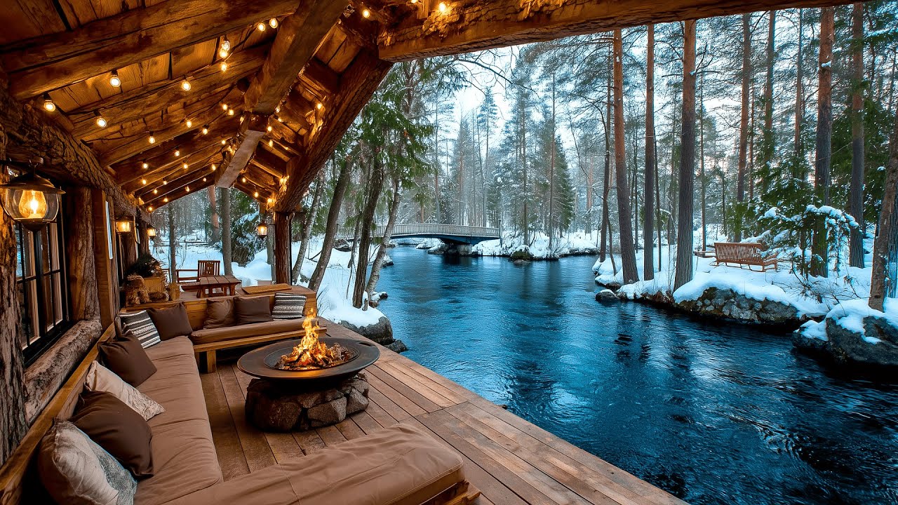 A Warm Riverside Porch by the River | Winter Snowfall Campfire & Nature Sounds Ambience