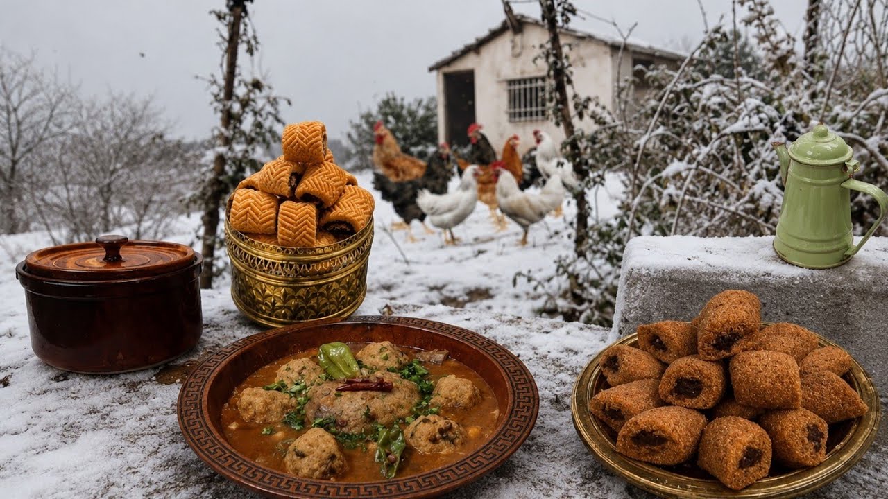 الثلوج تغطي القرية لقد طبخنا وصفة تكربابين والمقروط الجزائري في يوم بارد جدا village lifestyle 
