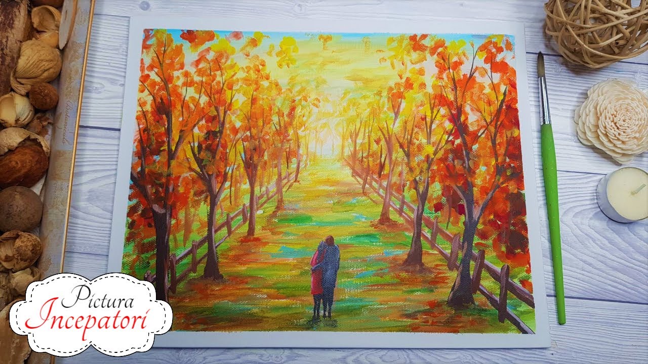 Pictura Acrilica 🍂 PEISAJ de TOAMNA 🍁Cum se picteaza Copaci si Frunze de toamna