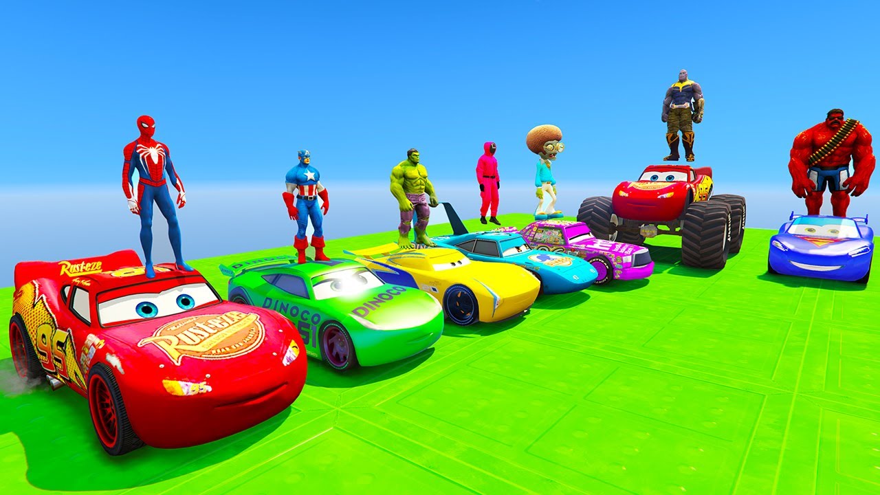 SPIDERMAN Vs HULK McQueen Friends CARS Sea CONTAINER JUMP Challenge ! SUPERHEROES Mack Truck - GTA V