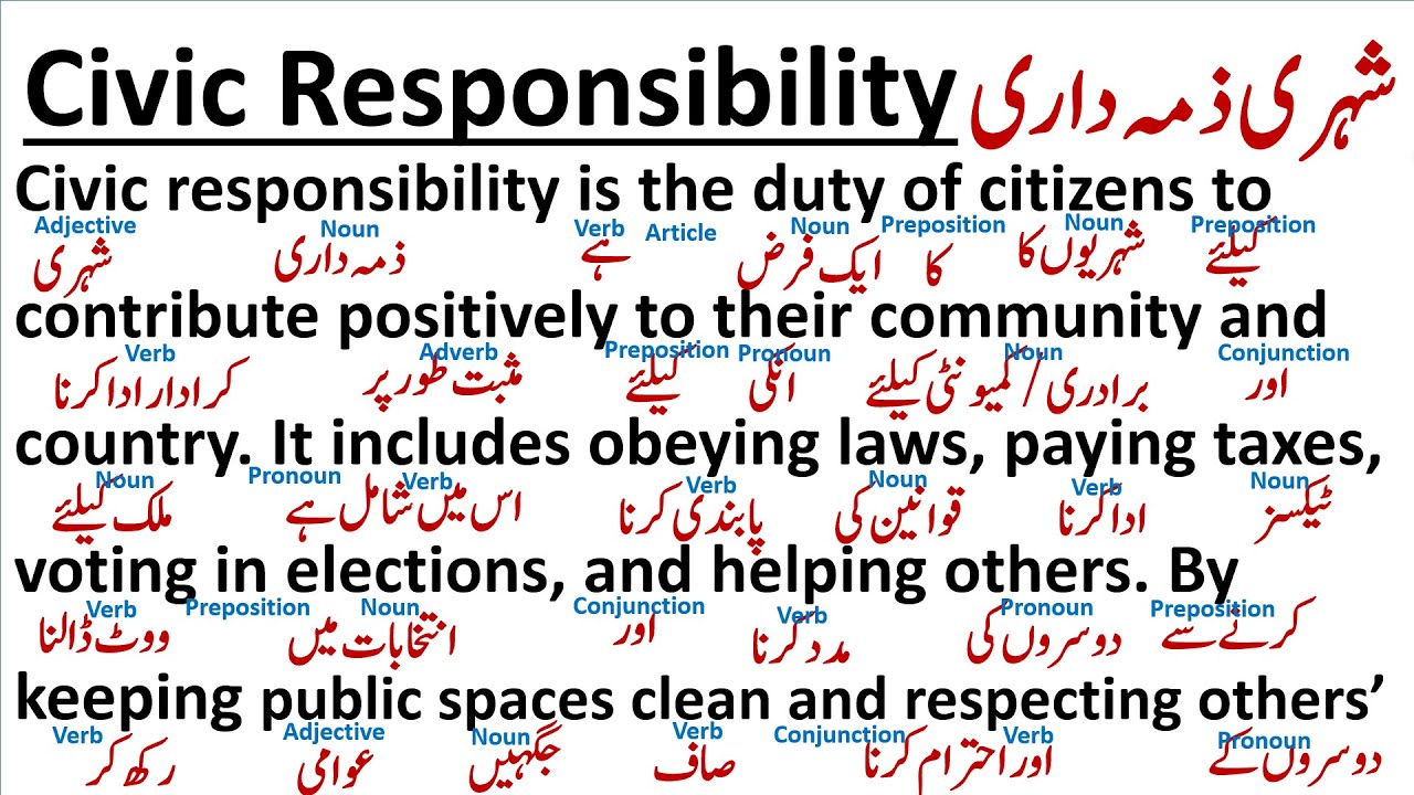 Civic Responsibility || شہری ذمہ داری || Paragraph Translation || Parts Of Speech || GRAMMAR
