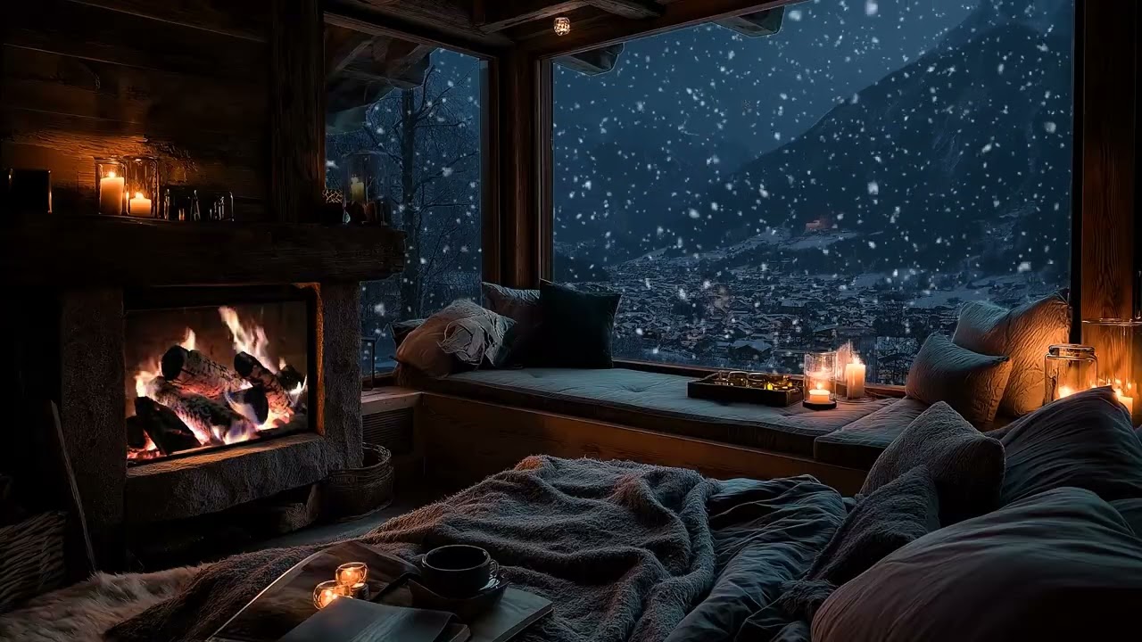 (No Ads) Winter Wind Beyond the Window, Fireplace Calm | Sleep Ambience
