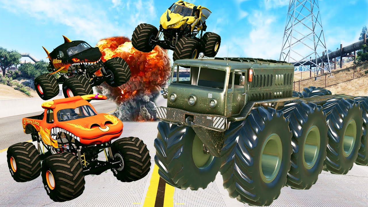 Episode 10 - Monster VS Monsters - 3 Monster Trucks VS Heavy 8X8 Monster Truck Team in BeamNG.drive