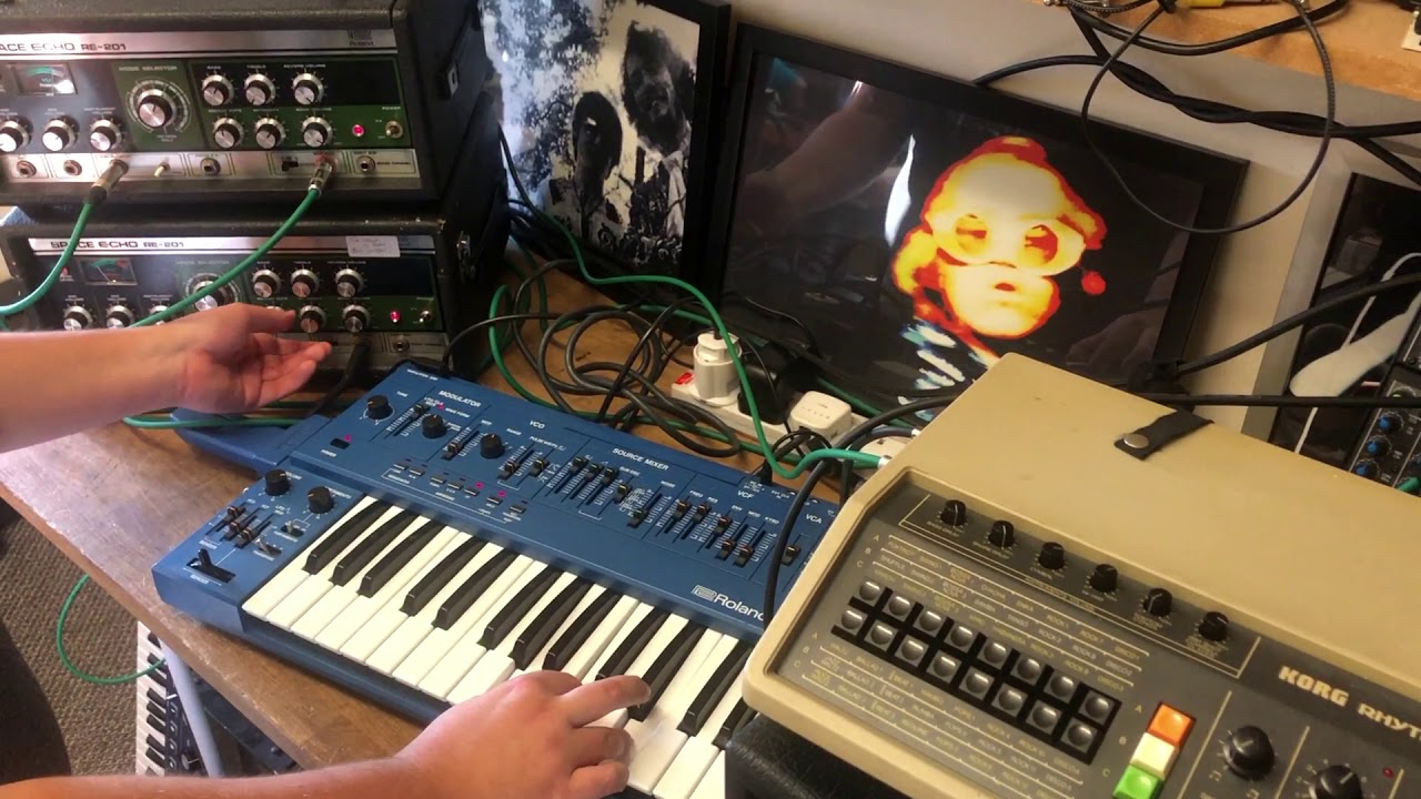Roland SH 101 Blue; RE-201 Space Echo; Korg KR-55 Modified.