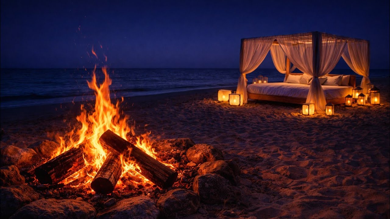 Campfire on the Beach at Night 🔥 Ocean Waves | Relaxing Ambience for Deep Sleep