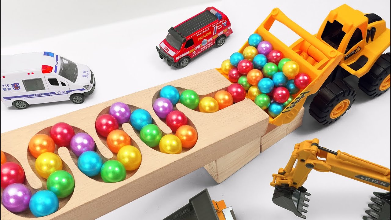 Marble Run Race ☆ HABA Slope &Retro Makita Truck, Excavator, Garbage Truck, Dump Truck,Ambulances#86