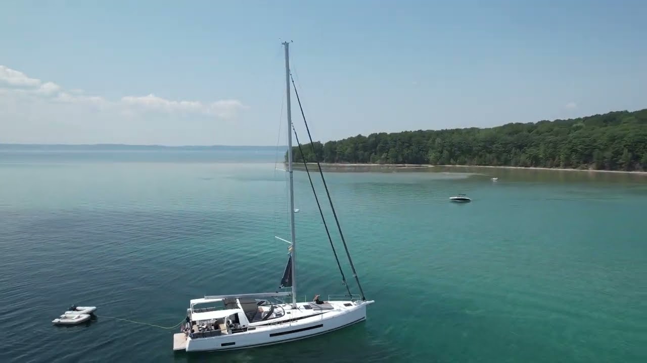 Jeanneau Yacht 55 anchored off Power Island in Grand Traverse Bay