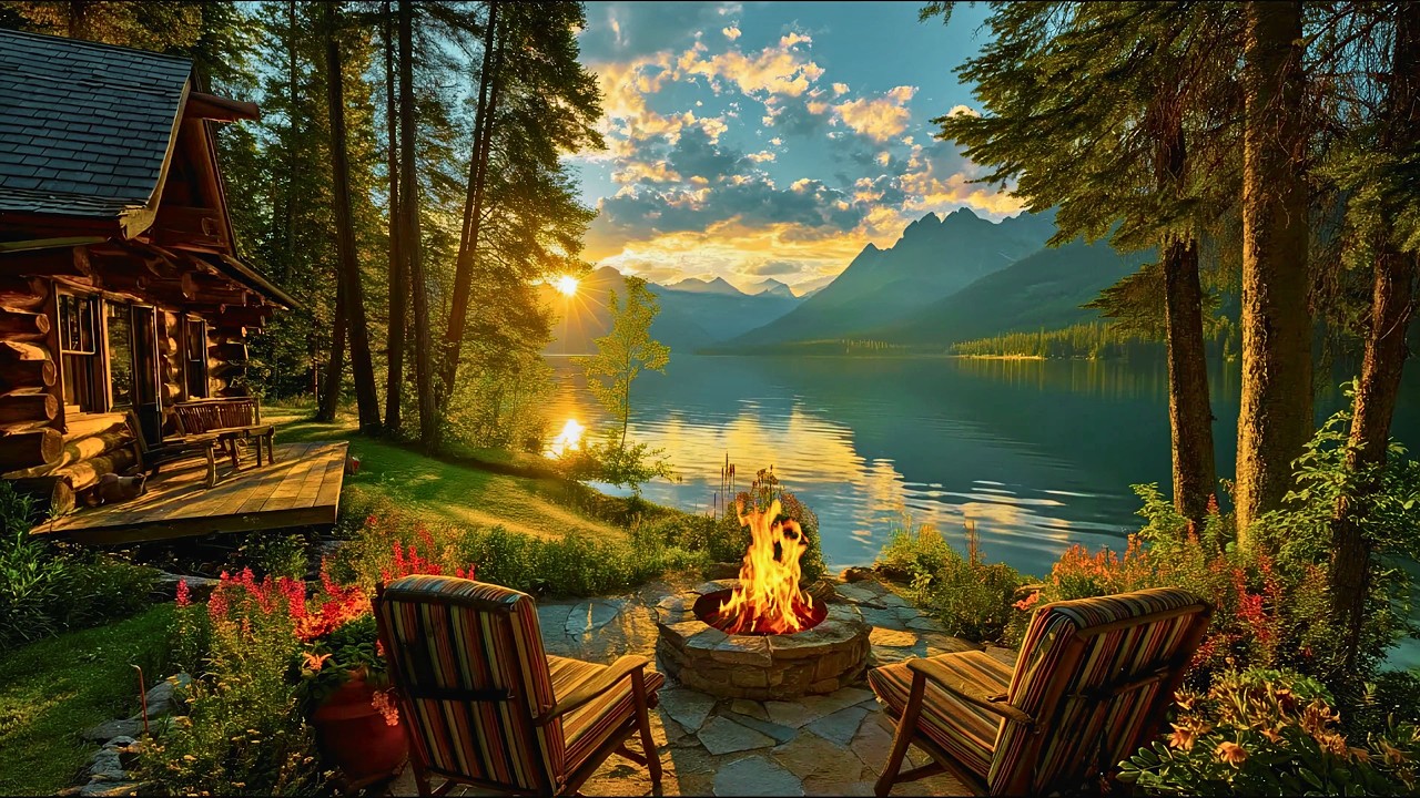 Spring Lakefront Cabin Porch Ambience for Relaxation | Campfire 🔥, Calm Waves and Bird Calls 🕊️