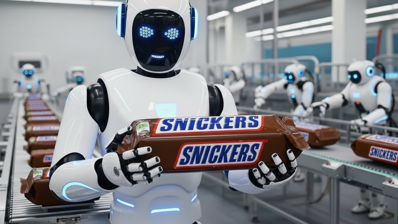 Inside The Professional Snickers Candy Production Process in a Large Modern Factory in the USA.