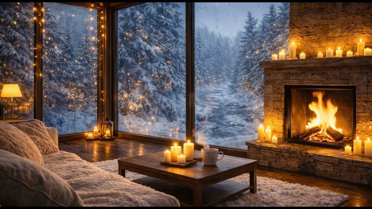 Cozy Winter Fireplace & Soft Piano ❄️🔥 5 5 Hours Snowfall Cabin Ambience for Sleep & Relaxation