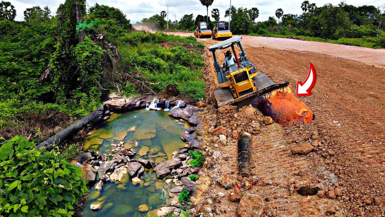 Powerful Komatsu Bulldozer Pushing Rocks Leveling Road! Incredible Bulldozer Operator Clearing Tough