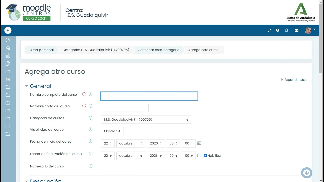Crear un curso en moodle centros con rol gestor y matricular usuarios
