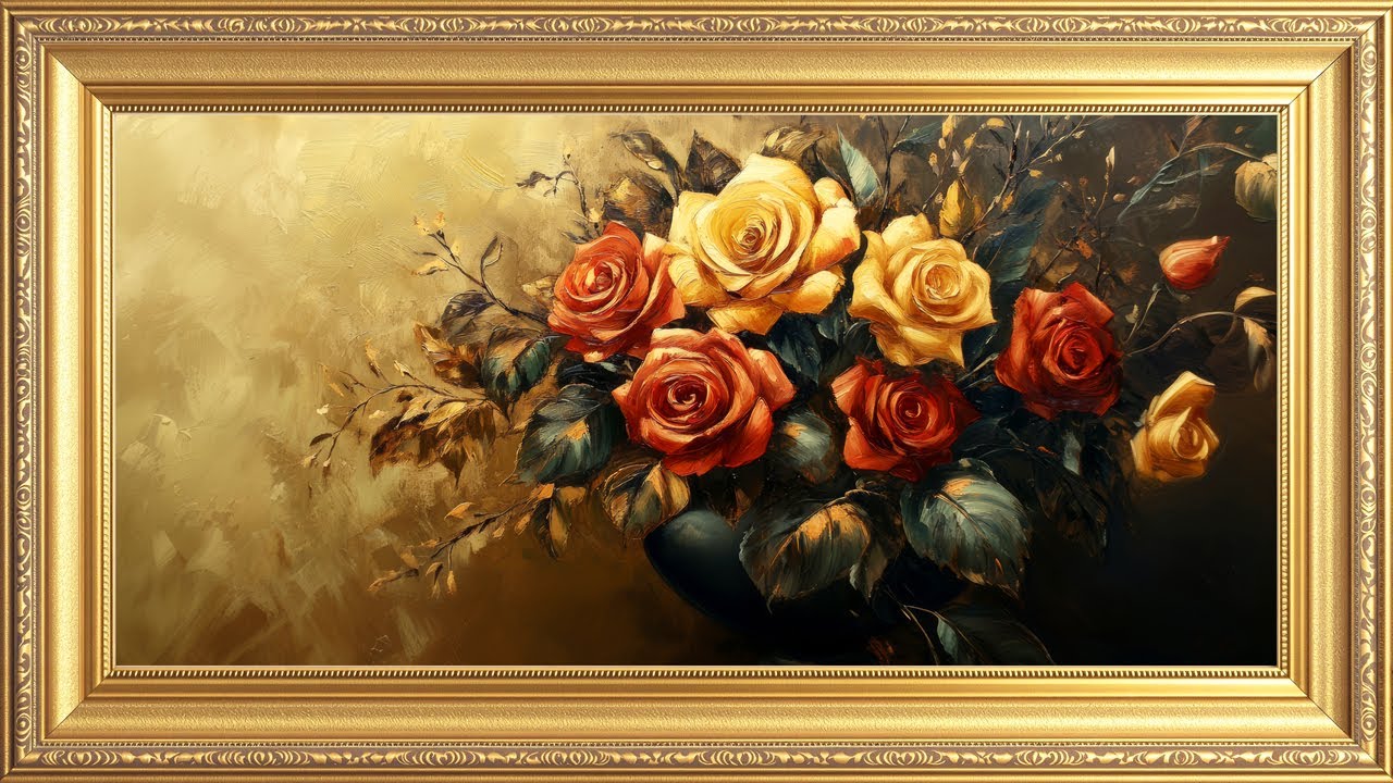 Golden Roses in Bloom: Luxury Floral Oil Painting | 4K Art Screensaver