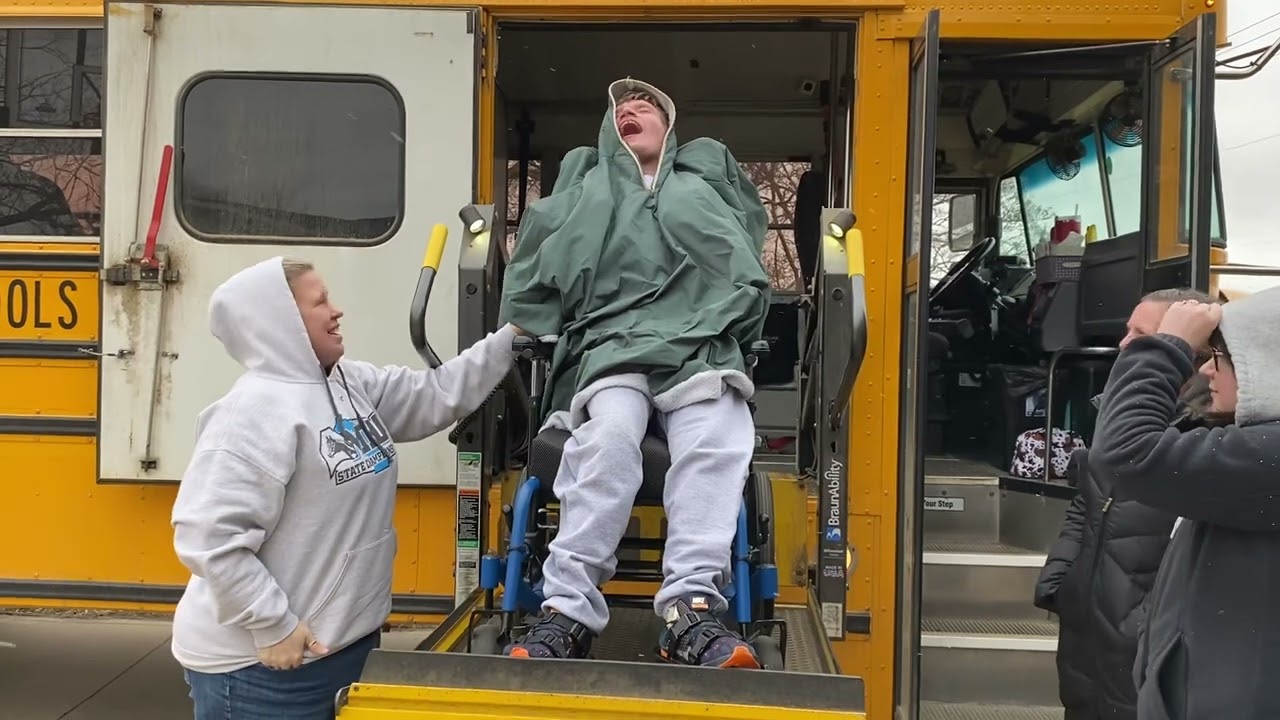 Sam getting off the school bus lift after school 2.28.24 @onthatnote