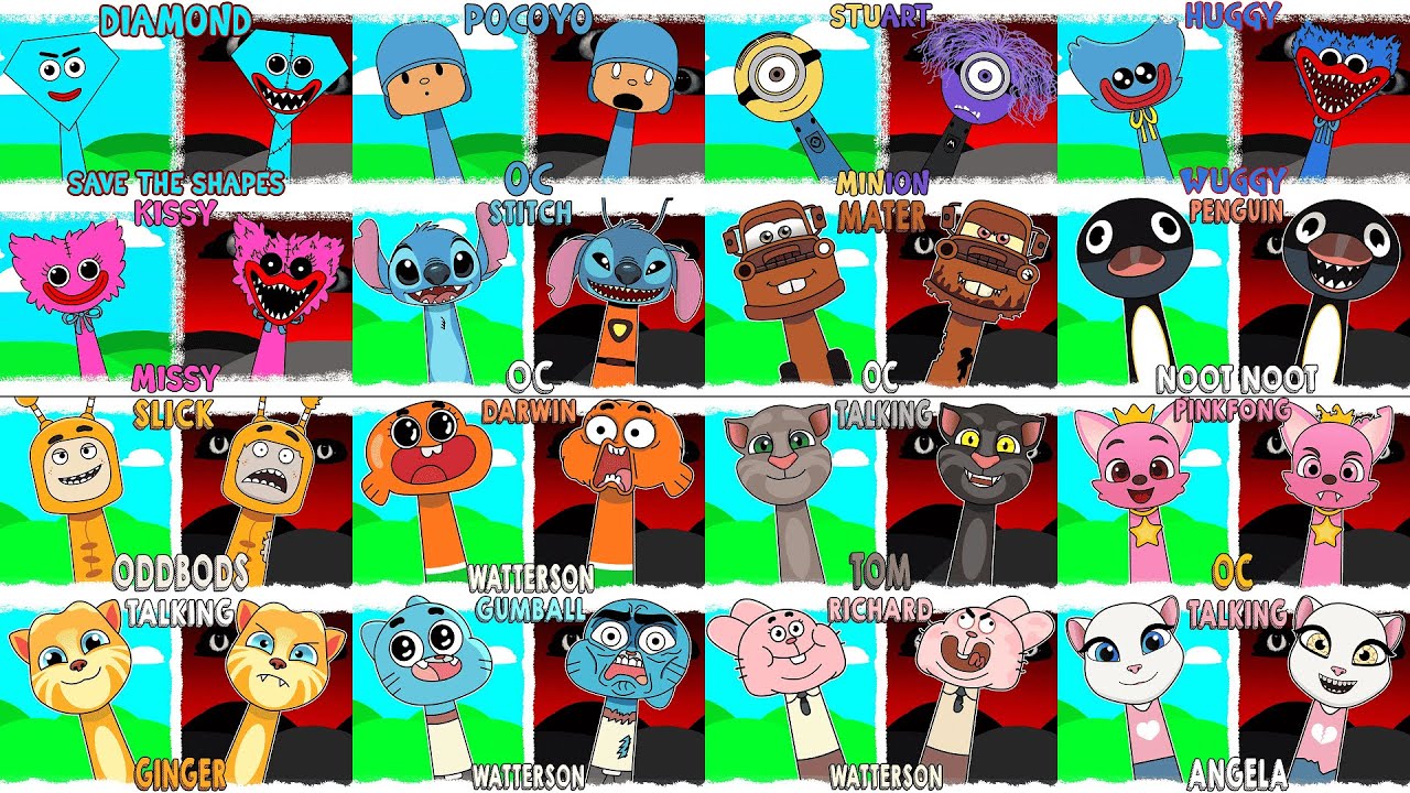 My Sprunki OC: Diamond, Pocoyo, Minion, Huggy Wuggy, Kissy Missy, Stitch, Mater, Talking Ginger, Tom