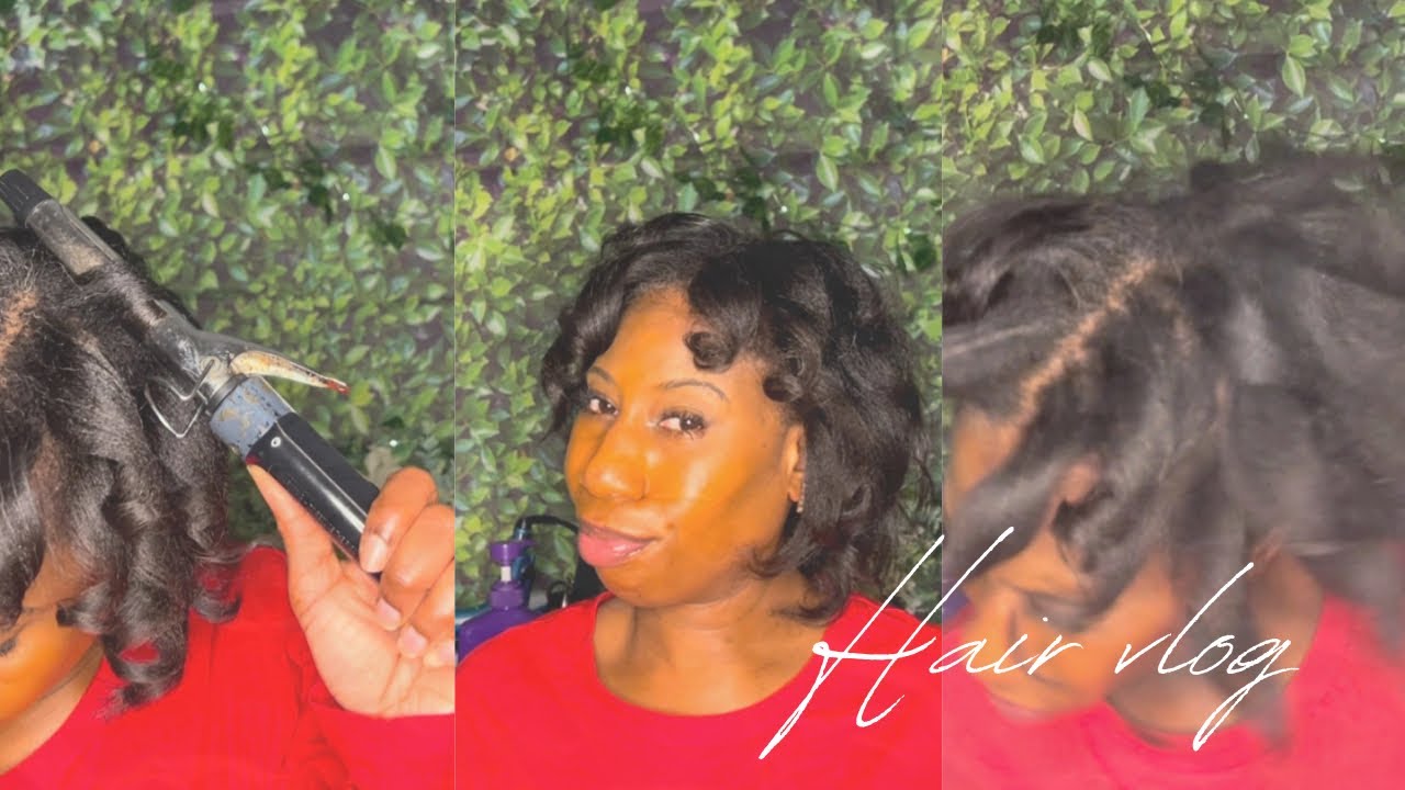 How I style my short relaxed hair #hairstyling #curlingiron #haircare #haircareathome #hairjourney 