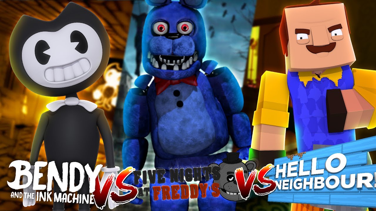 Minecraft Versus - FNAF FOXY VS HELLO NEIGHBOR VS BENDY AND THE INK MACHINE  - modded mini game