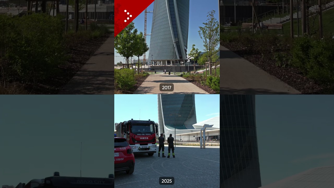 Milano, il grattacielo Torre Hadid di City Life prima e dopo che venisse montata la grande insegna