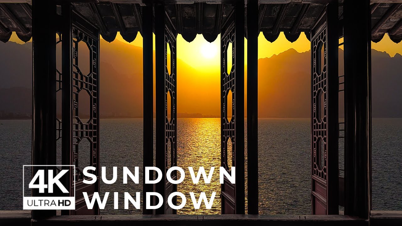 4K Sunset Sea & Mountain window view - Relaxing, Calming, Ambience
