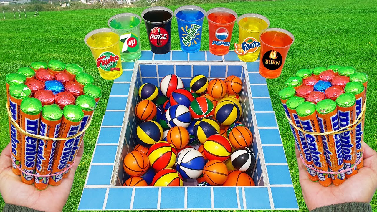 Basketball VS Coca Cola of Fanta vs Popular Sodas 7up Fruko Sprite PepsiPepsi And Mentos In The Pool