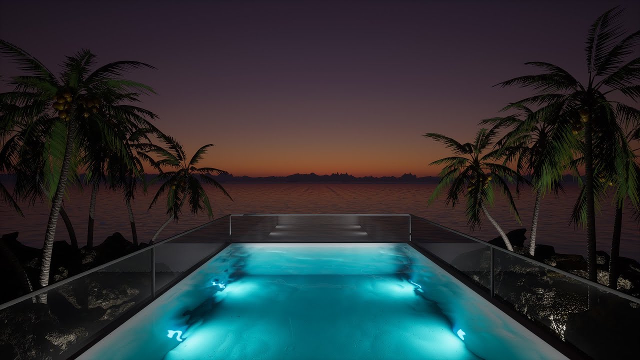 8 HOURS Beautiful Sunset by a Relaxing Pool with Sea View / Soothing Music for Sleep / Water Sounds