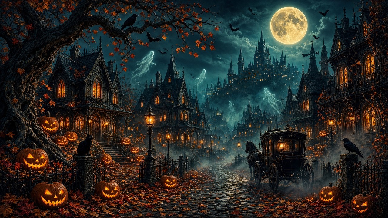 Relaxing Halloween Ambience 🎃 Cozy Night in a Spooky Village 👻 Haunted Sounds & Halloween Music