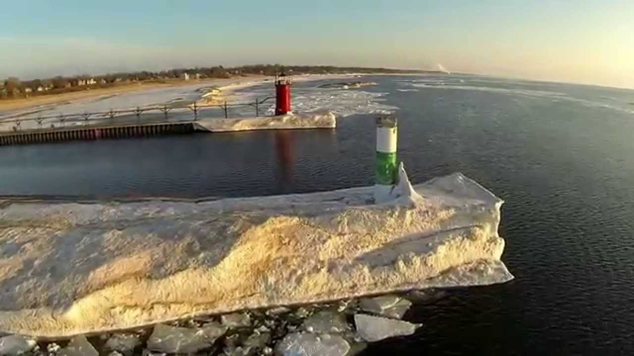 South Haven, Michigan lighthouse and pier floating ice